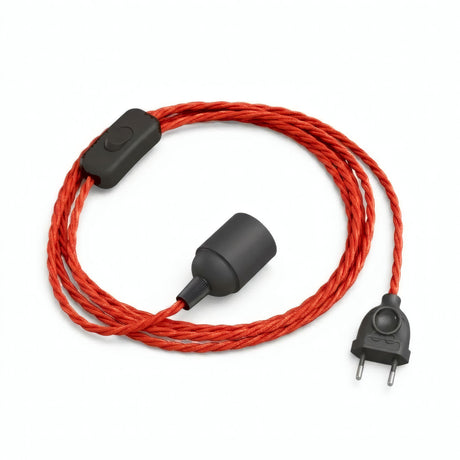 Lampada a sospensione con cavo tessile intrecciato, effetto seta rosso fuoco, portalampada E27