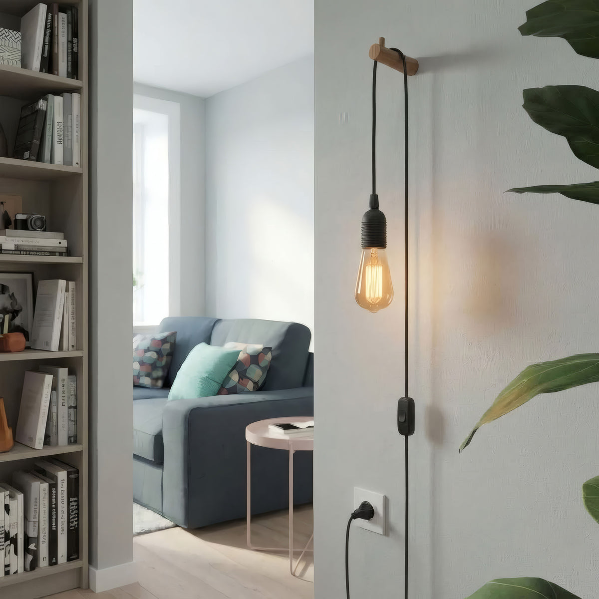 Lampada a sospensione con cavo tessile tinta unita, ambientazione