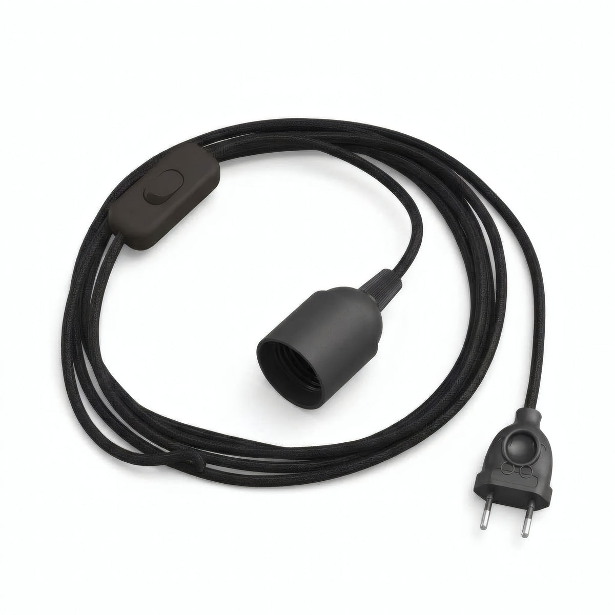 Lampada a sospensione con cavo tessile tinta unita, cotone nero carbone, portalampada E27, altra vista