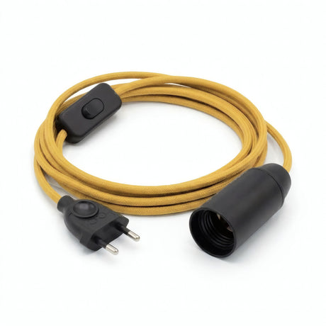 Lampada a sospensione con cavo tessile tinta unita, effetto seta giallo senape, portalampada E14