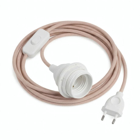 Lampada a sospensione con cavo tessile zigzag, cotone e lino rosa antico e beige, portalampada E27 con ghiere per paralume
