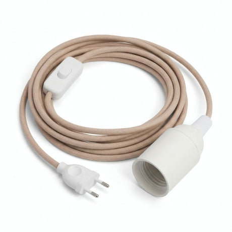 Lampada a sospensione con cavo tessile zigzag, cotone e lino rosa antico e beige, portalampada E27