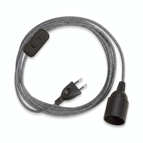 Lampada a sospensione con cavo tessile zigzag, effetto seta nero carbone e bianco ottico, portalampada E27
