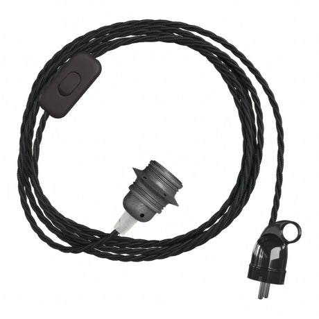 Lampada a sospensione con cavo tessile intrecciato, portalampada in metallo grigio scuro e spina Schuko