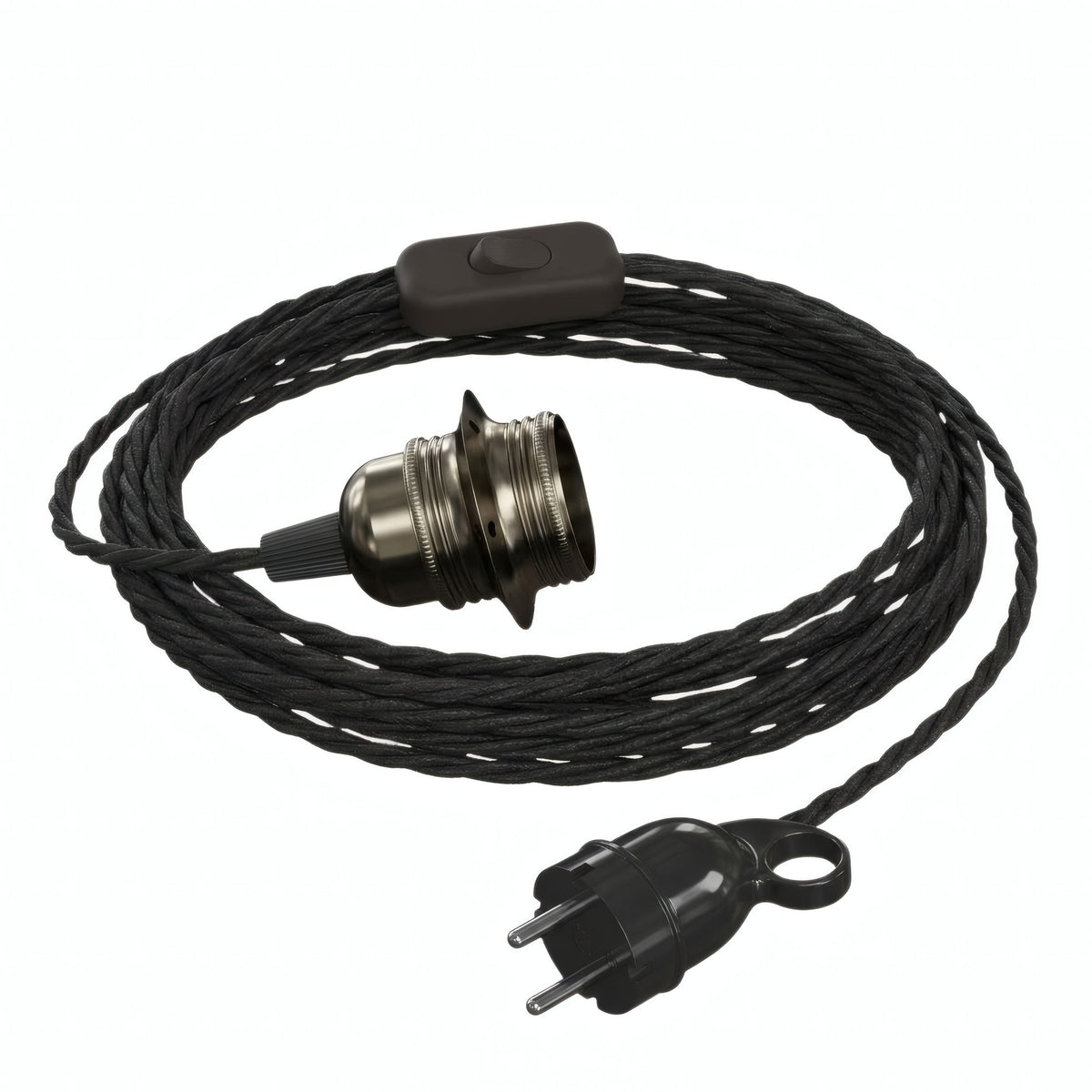 Lampada a sospensione con cavo tessile intrecciato, portalampada in metallo perla nera e spina Schuko, altra vista