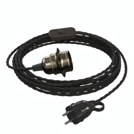 Lampada a sospensione con cavo tessile intrecciato, portalampada in metallo perla nera e spina Schuko, altra vista