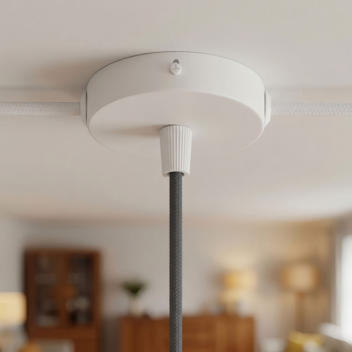Mini rosone cilindrico in metallo, Ø 83 mm — 1 foro centrale e 2 laterali / Conico in termoplastica / Bianco opaco