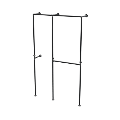 Penderie ouverte à deux baies en tuyaux de plomberie noirs Ø 27 mm — baies de 50 + 70 cm, vue de trois quarts sur fond blanc