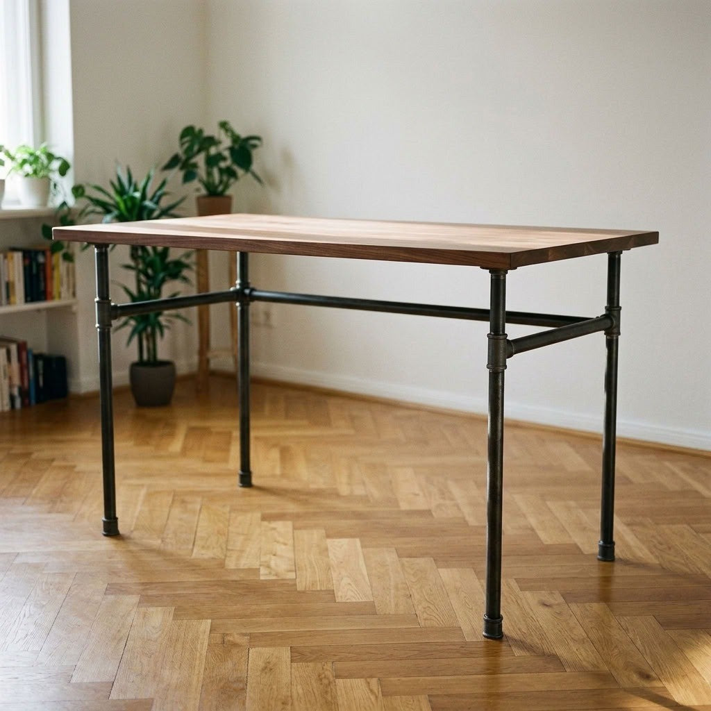 Scrivania industriale con piano in noce su base a U in ghisa e acciaio Ø 27 mm, ambientazione (piano non incluso)