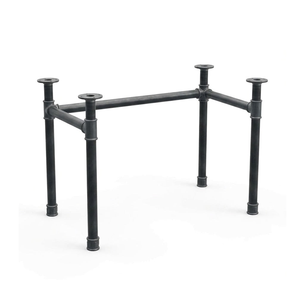 Base per scrivania a U con traversa alta, ghisa e acciaio Ø 42 mm, vista di tre quarti su fondo bianco (piano non incluso)