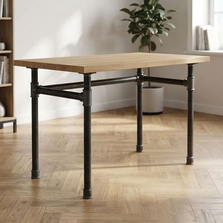 Scrivania industriale con piano in rovere chiaro su base a U in ghisa e acciaio Ø 42 mm, ambientazione (piano non incluso)