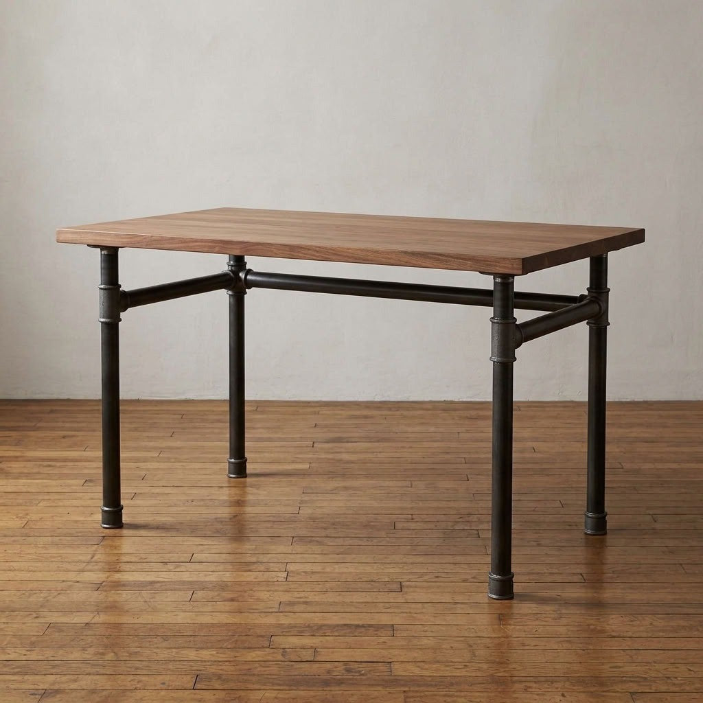 Scrivania industriale con piano in noce su base a U in ghisa e acciaio Ø 42 mm, ambientazione (piano non incluso)