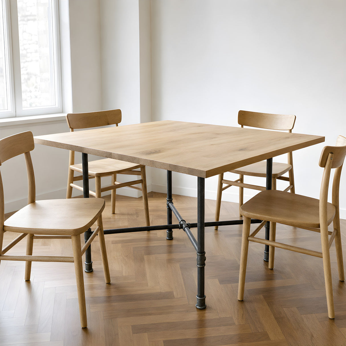 Base per tavolo da pranzo, ghisa e acciaio verniciato, a croce Ø 27 mm, in ambiente sotto un piano in rovere massello chiaro