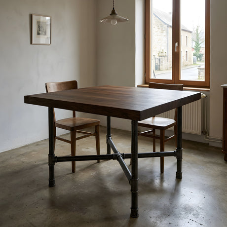 Base per tavolo da pranzo, ghisa e acciaio verniciato, a croce Ø 42 mm, in ambiente sotto un piano spesso in rovere affumicato