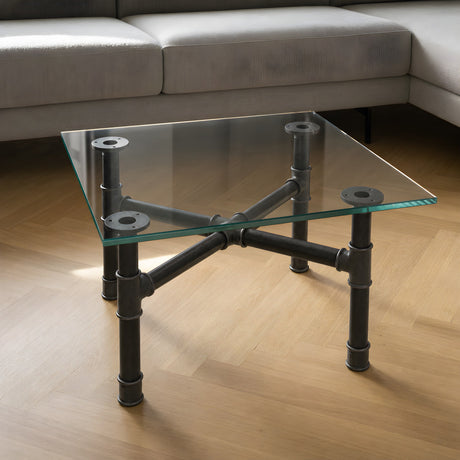 Base per tavolino, ghisa e acciaio verniciato, a croce Ø 34 mm, in ambiente sotto un piano in vetro temperato
