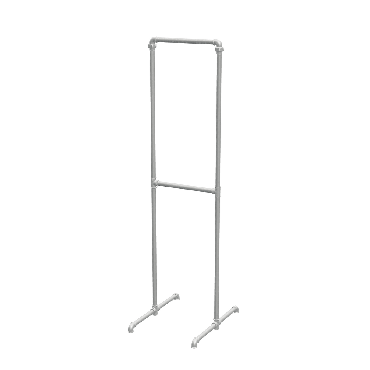 Portant à vêtements autoportant double niveau en tuyaux de plomberie galvanisés Ø 27 mm — largeur 48 cm, hauteur 176 cm, vue de trois quarts sur fond blanc