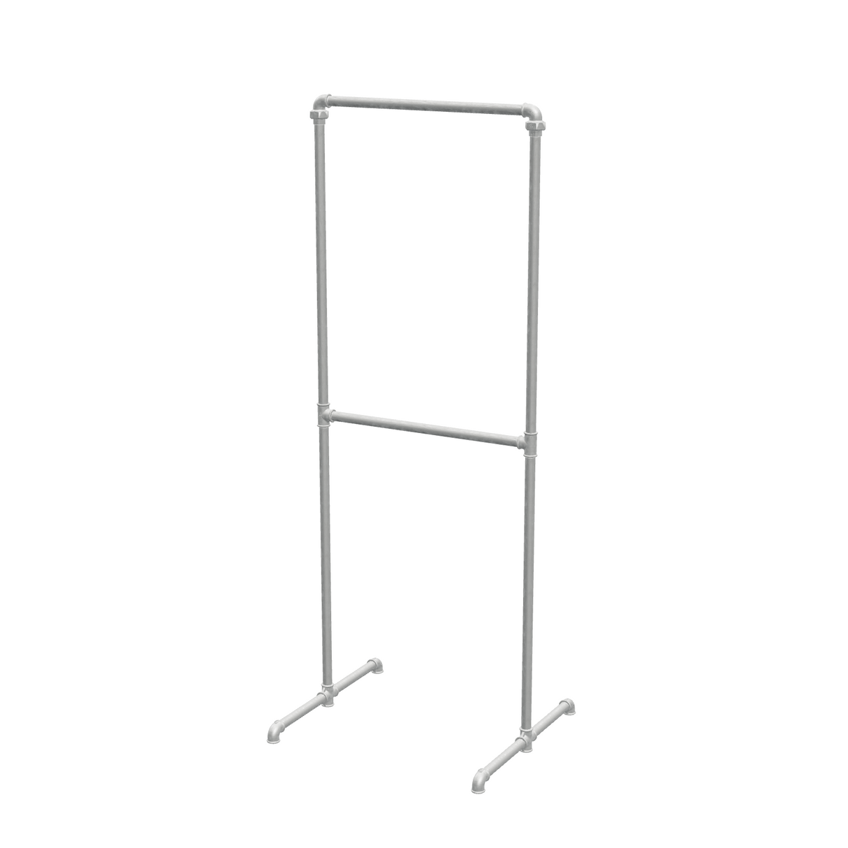 Portant à vêtements autoportant double niveau en tuyaux de plomberie galvanisés Ø 27 mm — largeur 68 cm, hauteur 176 cm, vue de trois quarts sur fond blanc