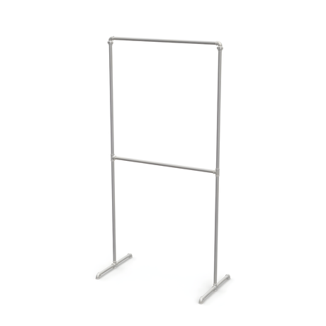 Portant à vêtements autoportant à deux barres superposées en tuyaux de plomberie galvanisés Ø 27 mm, pieds en croix, fond blanc