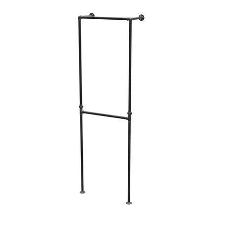 Portant de penderie sol-mur à deux barres en tuyaux de plomberie noirs Ø 27 mm — largeur 60 cm, vue de trois quarts sur fond blanc