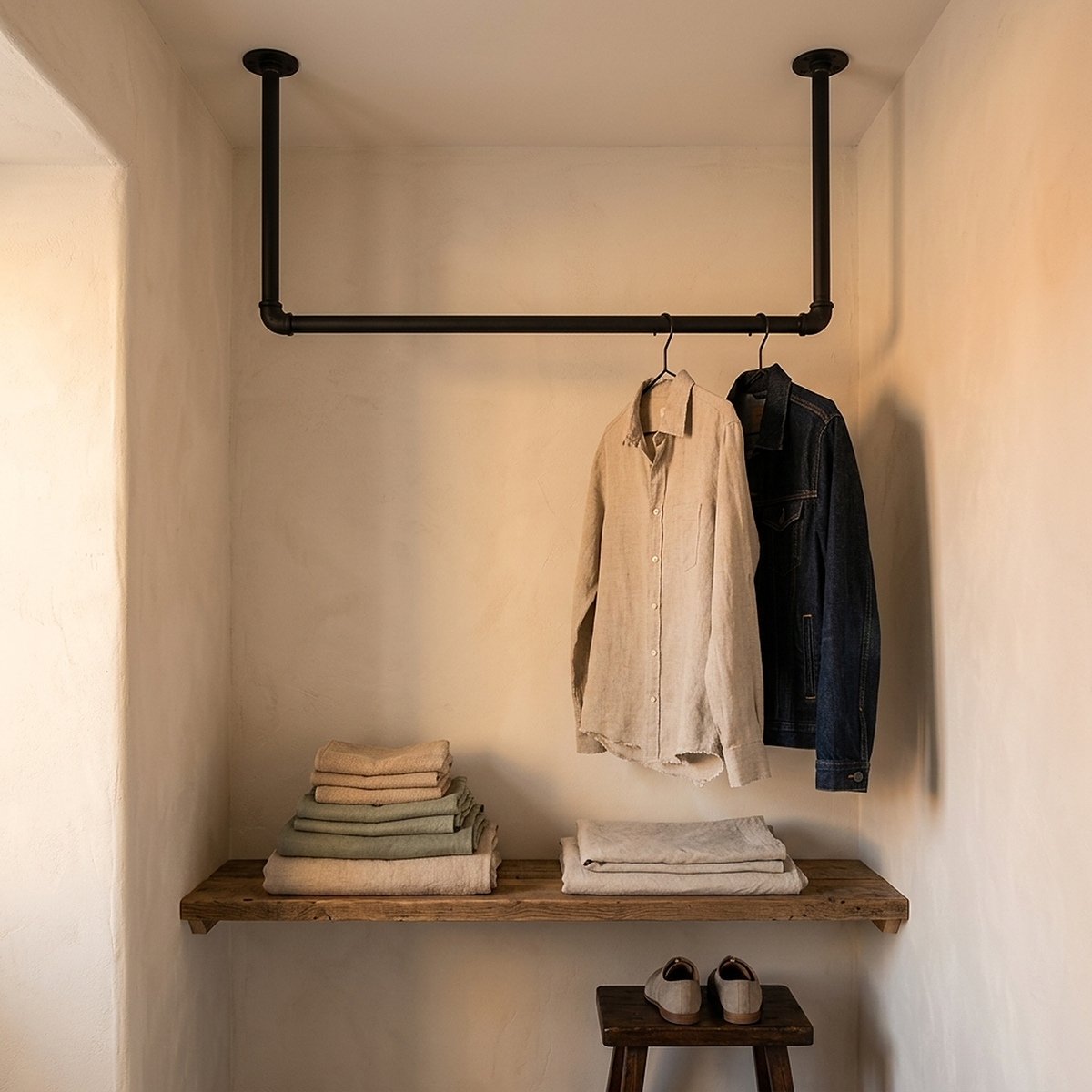 Appendiabiti da soffitto in tubo nero in un angolo spogliatoio, sopra una mensola di legno