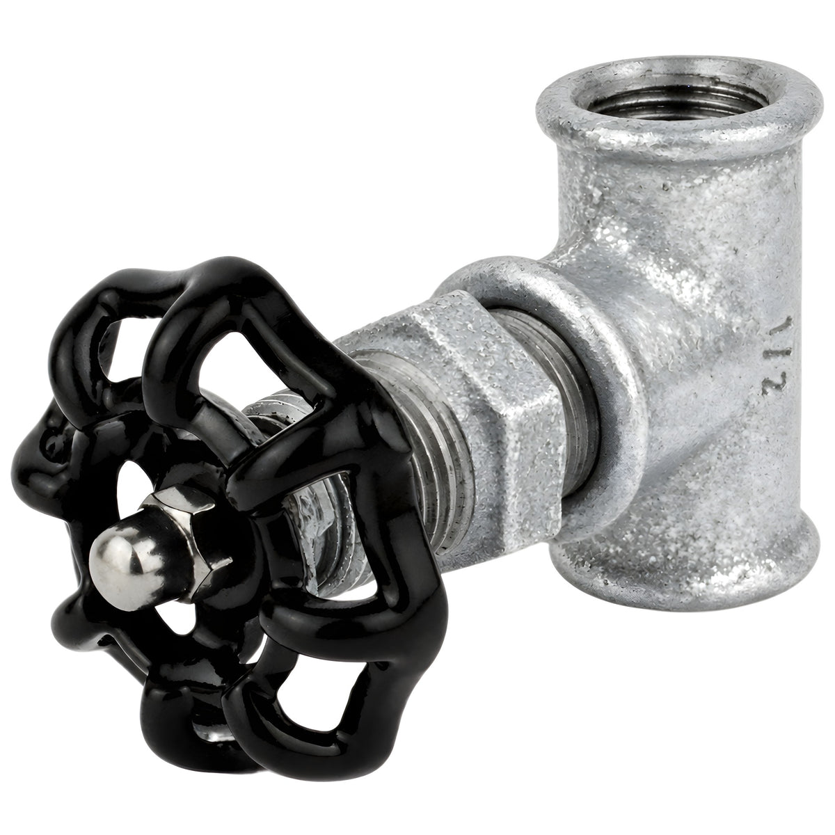 Raccordo stile valvola da 1/2'' con volantino nero da 52 mm, dado in acciaio inox, raccordo in ghisa zincata