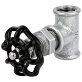 Raccordo stile valvola da 1/2'' con volantino nero da 52 mm, dado in acciaio inox, raccordo in ghisa zincata
