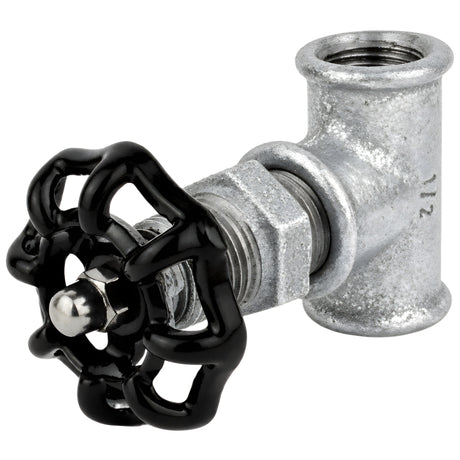 Raccordo stile valvola da 1/2'' con volantino nero da 52 mm, dado in acciaio inox, raccordo in ghisa zincata