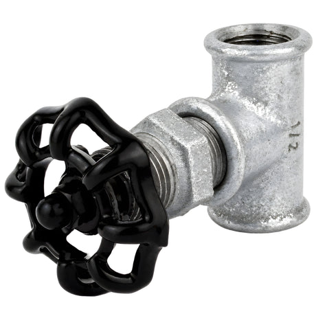 Raccordo stile valvola da 1/2'' con volantino nero da 52 mm, dado nero, raccordo in ghisa zincata
