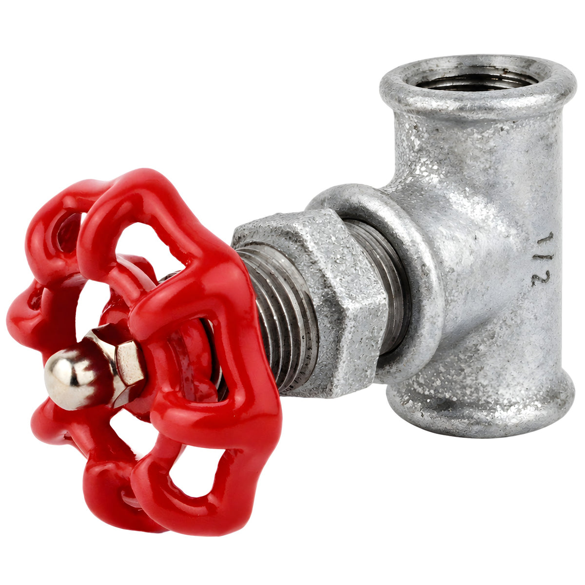 Raccordo stile valvola da 1/2'' con volantino rosso da 52 mm, dado in acciaio inox, raccordo in ghisa zincata