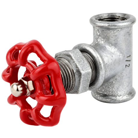 Raccordo stile valvola da 1/2'' con volantino rosso da 52 mm, dado in acciaio inox, raccordo in ghisa zincata