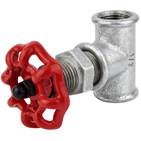 Raccordo stile valvola da 1/2'' con volantino rosso da 52 mm, dado nero, raccordo in ghisa zincata