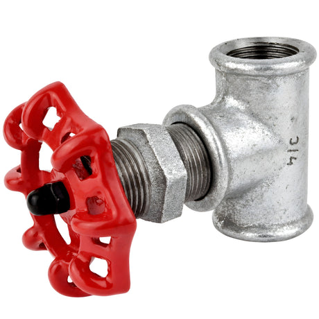 Raccordo stile valvola da 3/4'' con volantino rosso da 72 mm, dado nero, raccordo in ghisa zincata