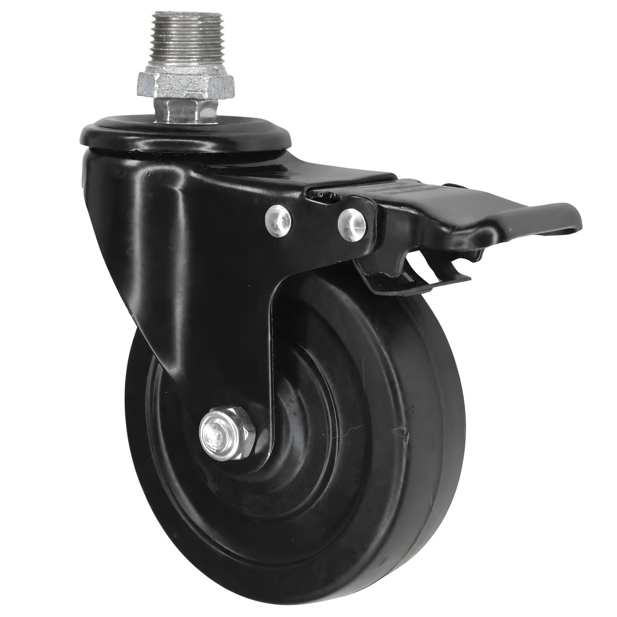 Ruota girevole industriale nera in gomma da 100 mm con freno, 1/2'' (15x21mm) maschio, raccordo in ghisa zincata