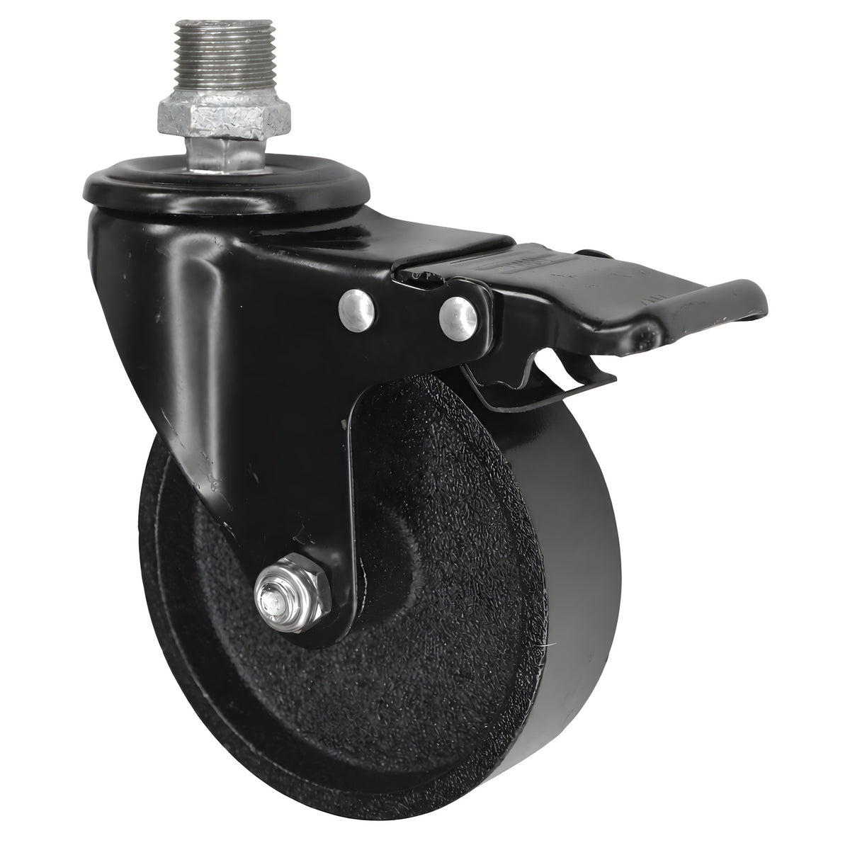 Ruota girevole industriale nera in ghisa da 100 mm con freno, 1/2'' (15x21mm) maschio, raccordo in ghisa zincata