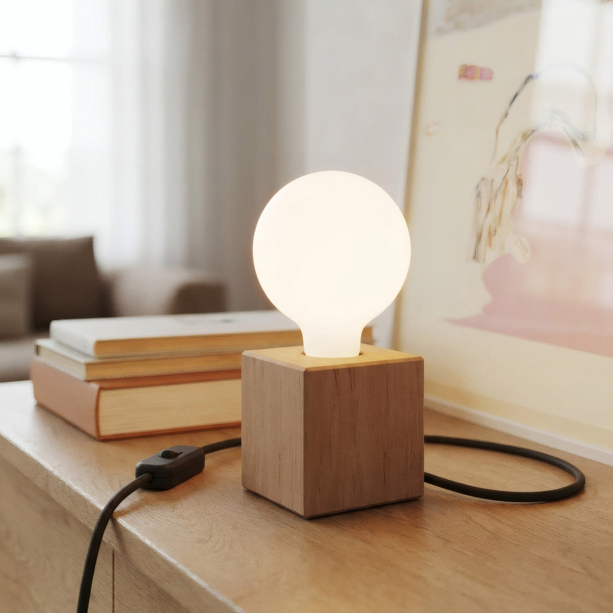 Base per lampada a cubo in ontano per portalampada E27
