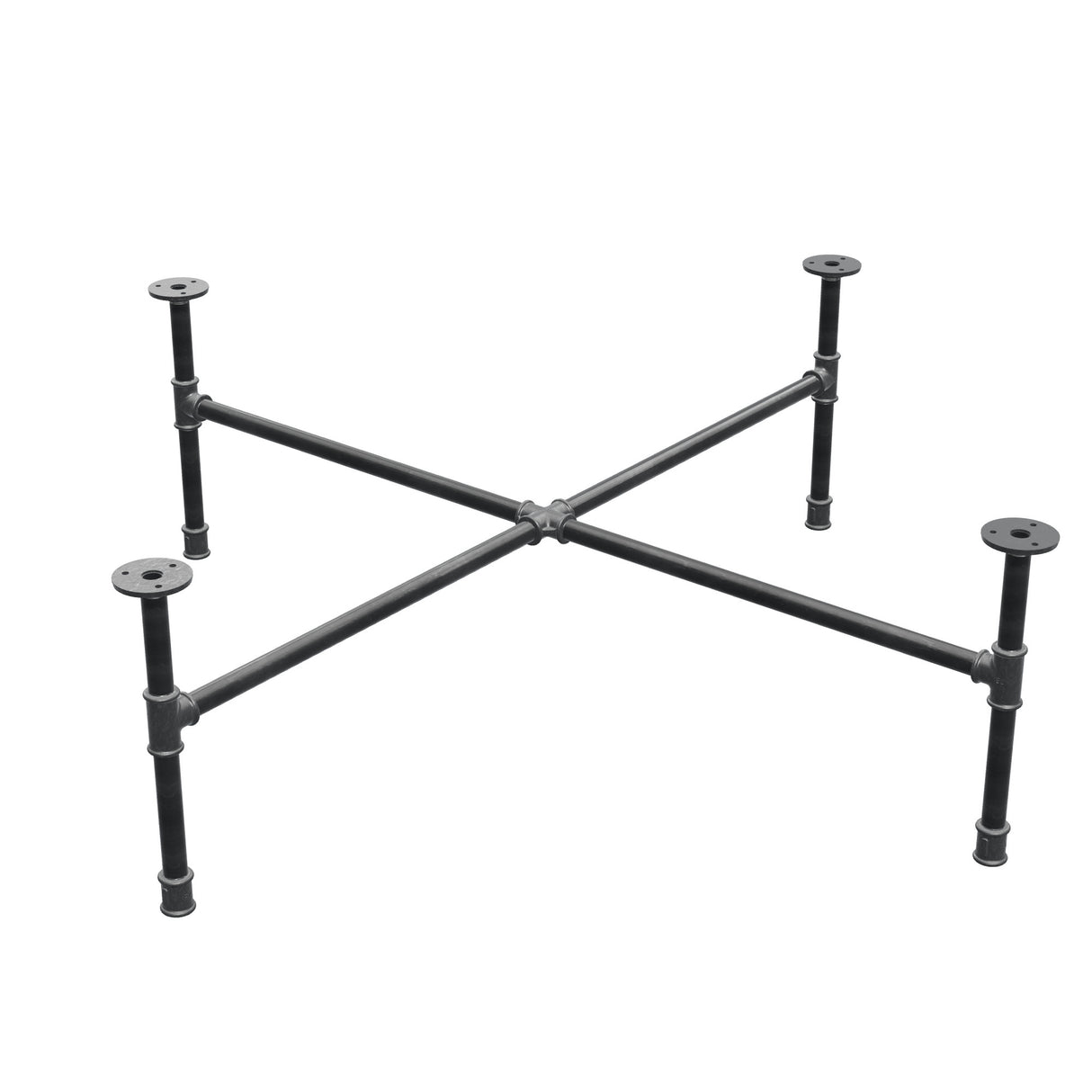 Basamento per tavolino industriale in ghisa, gambe a croce, 108 × 108 cm, altezza 32 cm, vista di tre quarti