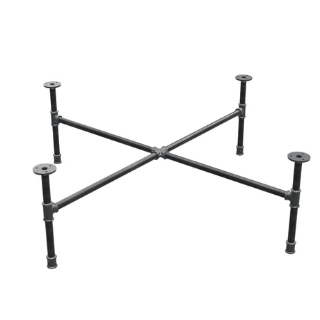 Basamento per tavolino industriale in ghisa, gambe a croce, 108 × 108 cm, altezza 32 cm, vista di tre quarti