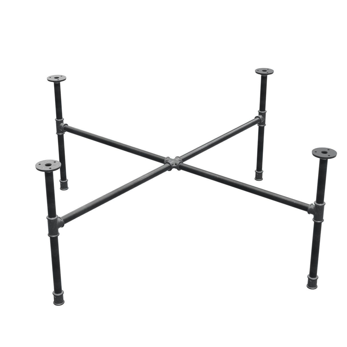 Basamento per tavolino industriale in ghisa, gambe a croce, 108 × 108 cm, altezza 42 cm, vista di tre quarti