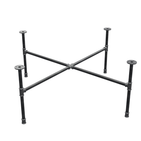 Basamento per tavolino industriale in ghisa, gambe a croce, 108 × 108 cm, altezza 42 cm, vista di tre quarti