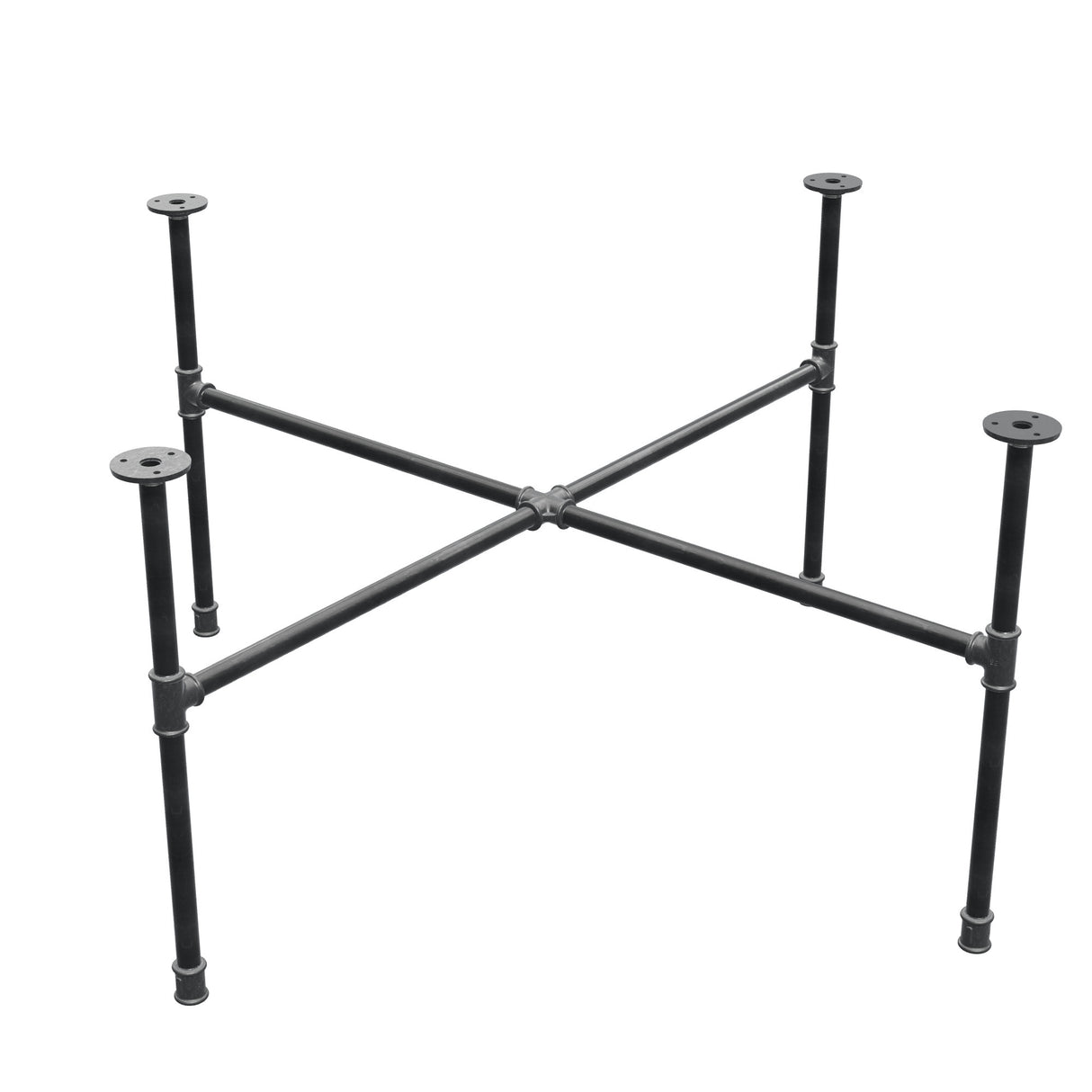 Basamento per tavolino industriale in ghisa, gambe a croce, 108 × 108 cm, altezza 52 cm, vista di tre quarti