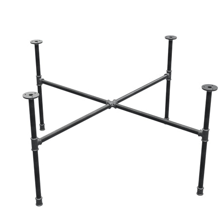Basamento per tavolino industriale in ghisa, gambe a croce, 108 × 108 cm, altezza 52 cm, vista di tre quarti