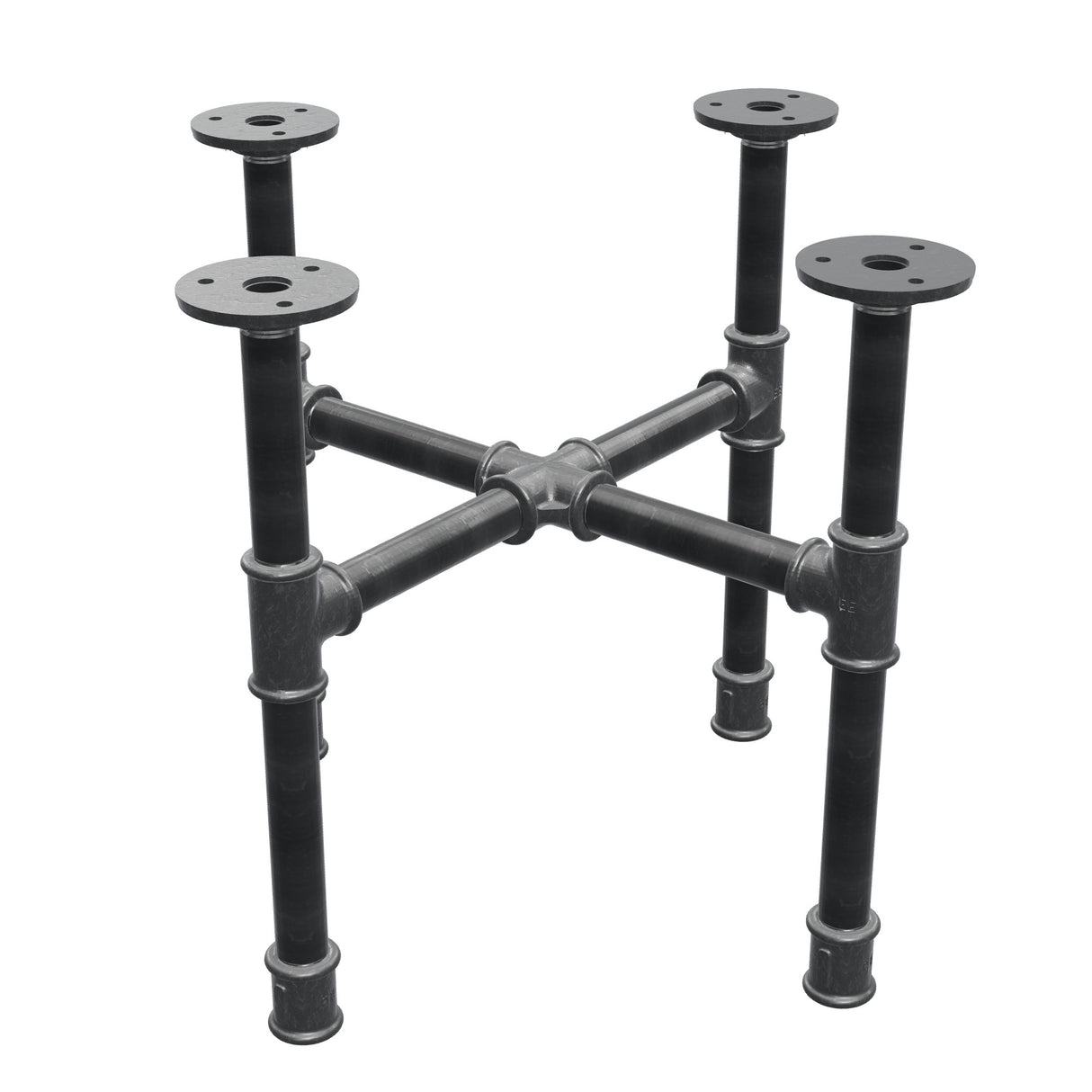 Basamento per tavolino industriale in ghisa, gambe a croce, 38 × 38 cm, altezza 32 cm, vista di tre quarti