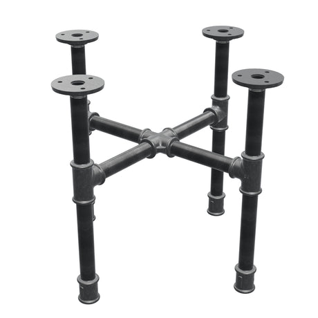 Basamento per tavolino industriale in ghisa, gambe a croce, 38 × 38 cm, altezza 32 cm, vista di tre quarti