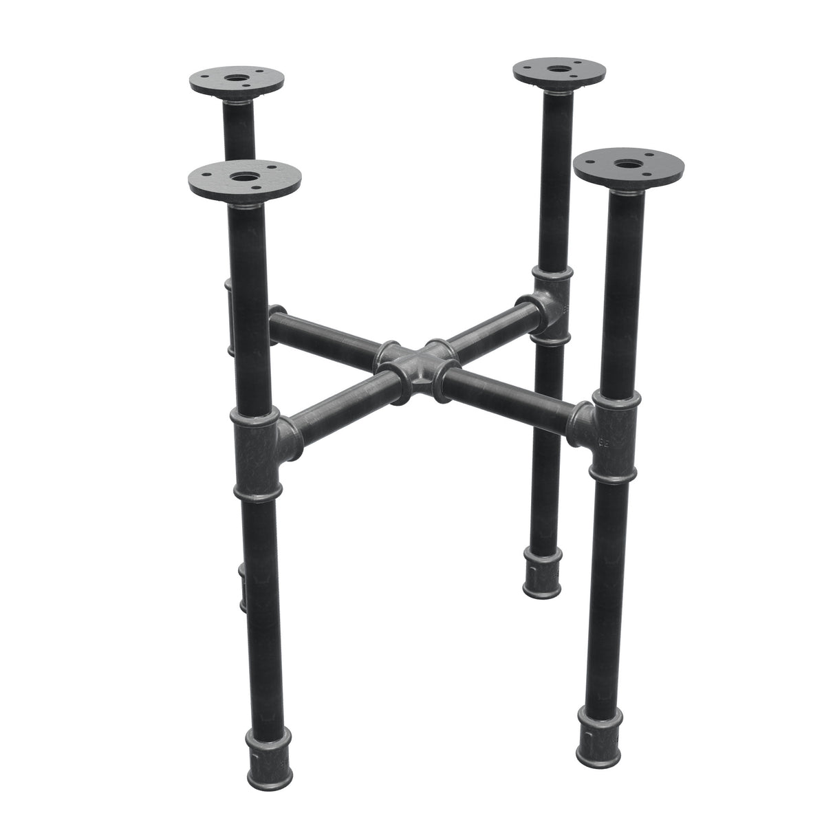 Basamento per tavolino industriale in ghisa, gambe a croce, 38 × 38 cm, altezza 42 cm, vista di tre quarti