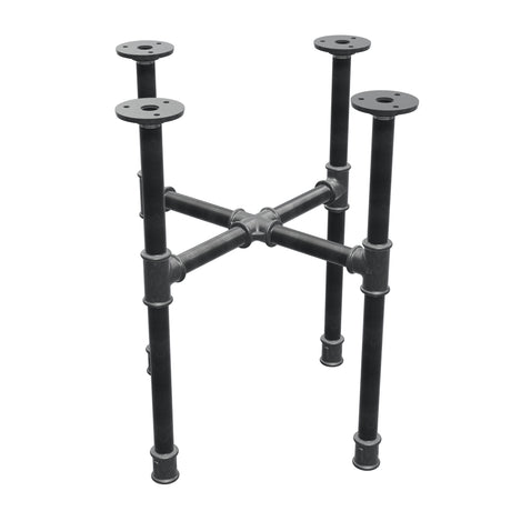 Basamento per tavolino industriale in ghisa, gambe a croce, 38 × 38 cm, altezza 42 cm, vista di tre quarti