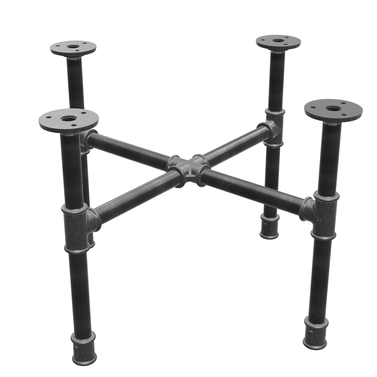 Basamento per tavolino industriale in ghisa, gambe a croce, 48 × 48 cm, altezza 32 cm, vista di tre quarti