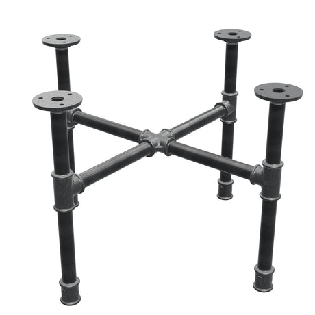 Basamento per tavolino industriale in ghisa, gambe a croce, 48 × 48 cm, altezza 32 cm, vista di tre quarti
