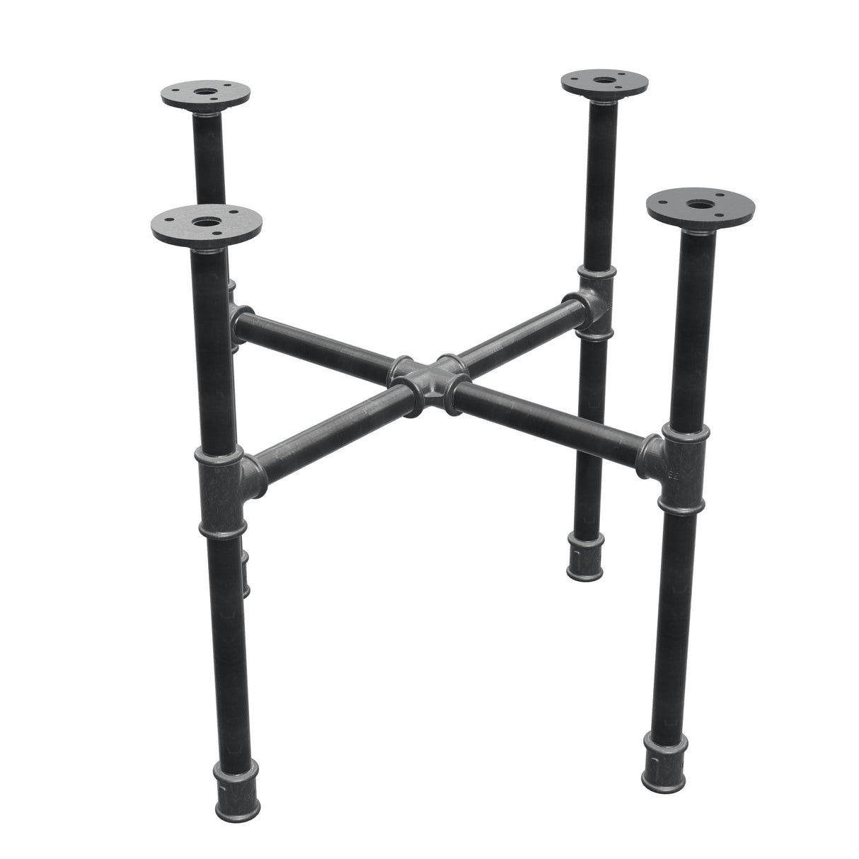 Basamento per tavolino industriale in ghisa, gambe a croce, 48 × 48 cm, altezza 42 cm, vista di tre quarti