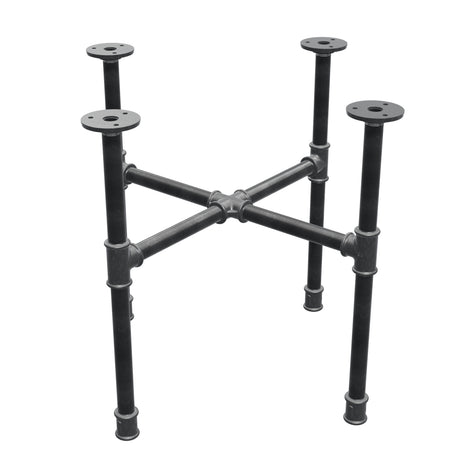 Basamento per tavolino industriale in ghisa, gambe a croce, 48 × 48 cm, altezza 42 cm, vista di tre quarti