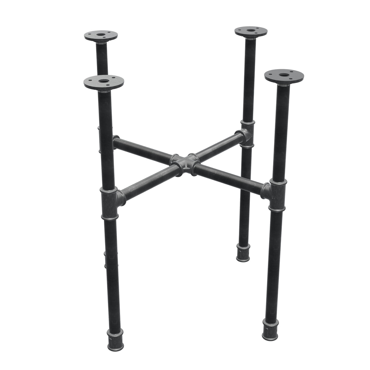 Basamento per tavolino industriale in ghisa, gambe a croce, 48 × 48 cm, altezza 52 cm, vista di tre quarti